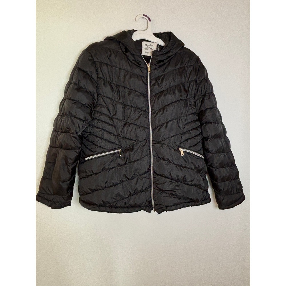 Maralyn & Me Womens Black Hooded Puffer Jacket Quilted Zip Up Coat Plus Size 1X